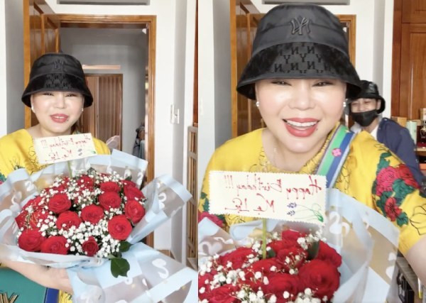 Lê Giang vui mừng vị nhận được món quà bất ngờ từ Tuấn Dũng.