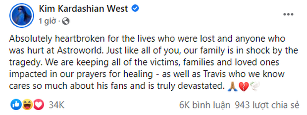 Dòng trạng thái của Kim Kardashian bênh vực Travis Scott nhận được nhiều sự chú ý từ công chúng.