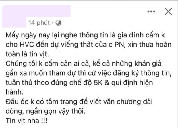 Dòng trạng thái trên trang cá nhân của người trong ekip cố nghệ sĩ Phi Nhung và cũng là quản lý cũ của Hồ Văn Cường