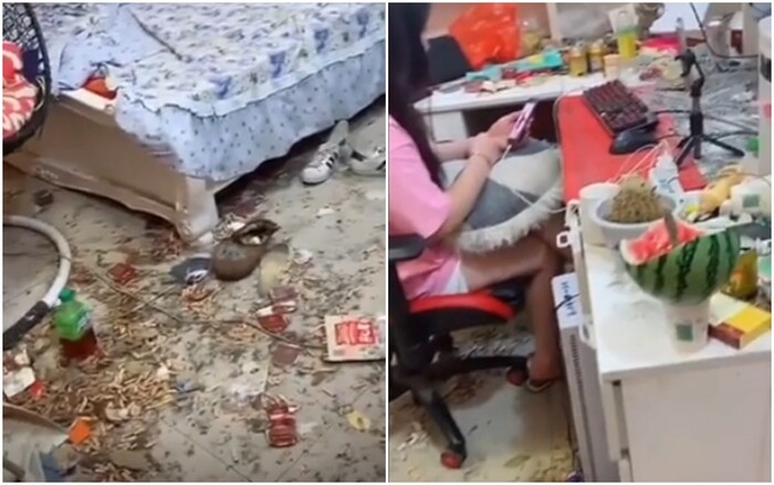 Căn phòng ngập rác của hotgirl Trung Quốc khiến dân mạng ngán ngẩm. Ảnh cắt từ clip