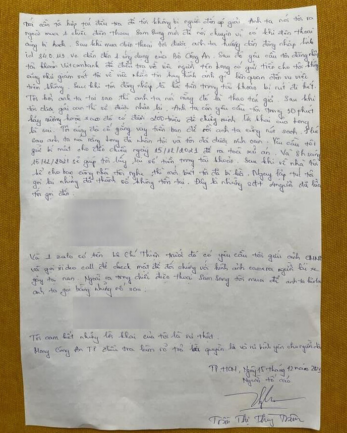 Đơn tố giác của Trâm Trần về việc bị lừa mất hết số tiền trong tài khoản.