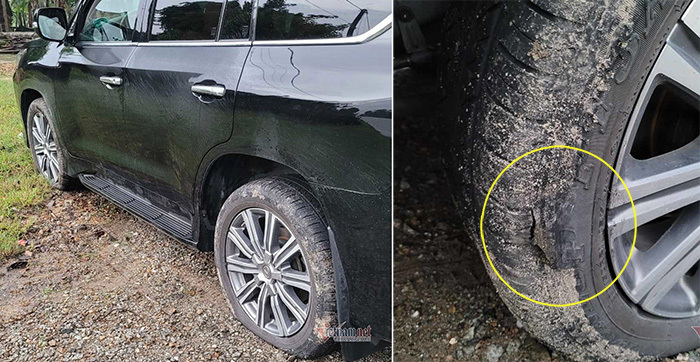 Bộ lốp mới của một chiếc SUV tiền tỉ cũng bị hỏng do vấp phải ổ gà trên đường.
