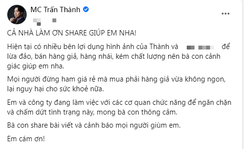 Bài đăng của MC Trấn Thành 