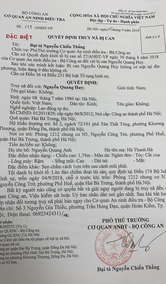 Lệnh truy nã đặc biệt đối tượng Nguyễn Quang Huy của Cơ quan An ninh điều tra, Bộ Công an