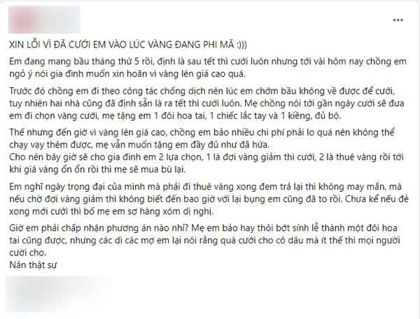 Nhà trai đòi hoãn cưới vì vàng tăng phi mã, chốt 2 phương án đến lạ!-1