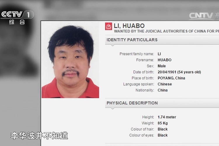 Hình truy nã Lý Hoa Ba. Ảnh: CCTV 