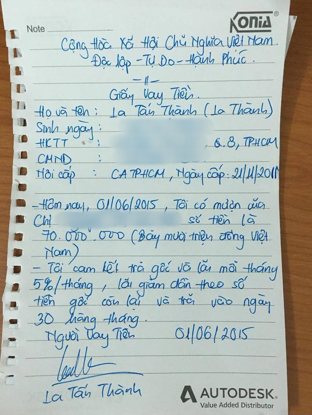 Giấy nợ La Thành viết tay để vay nóng 70 triệu đồng