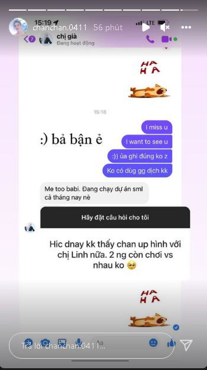 Cô nàng Xoài Non đã trả lời câu hỏi về Linh Ngọc Đàm trên story tại Instagram cá nhân