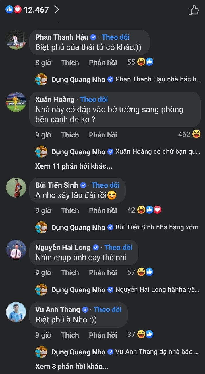 Ngay lập tức, rất nhiều cầu thủ đã gửi lời chúc mừng Dụng Quang Nho Bên cạnh những lời chúc mừng luôn có những pha 