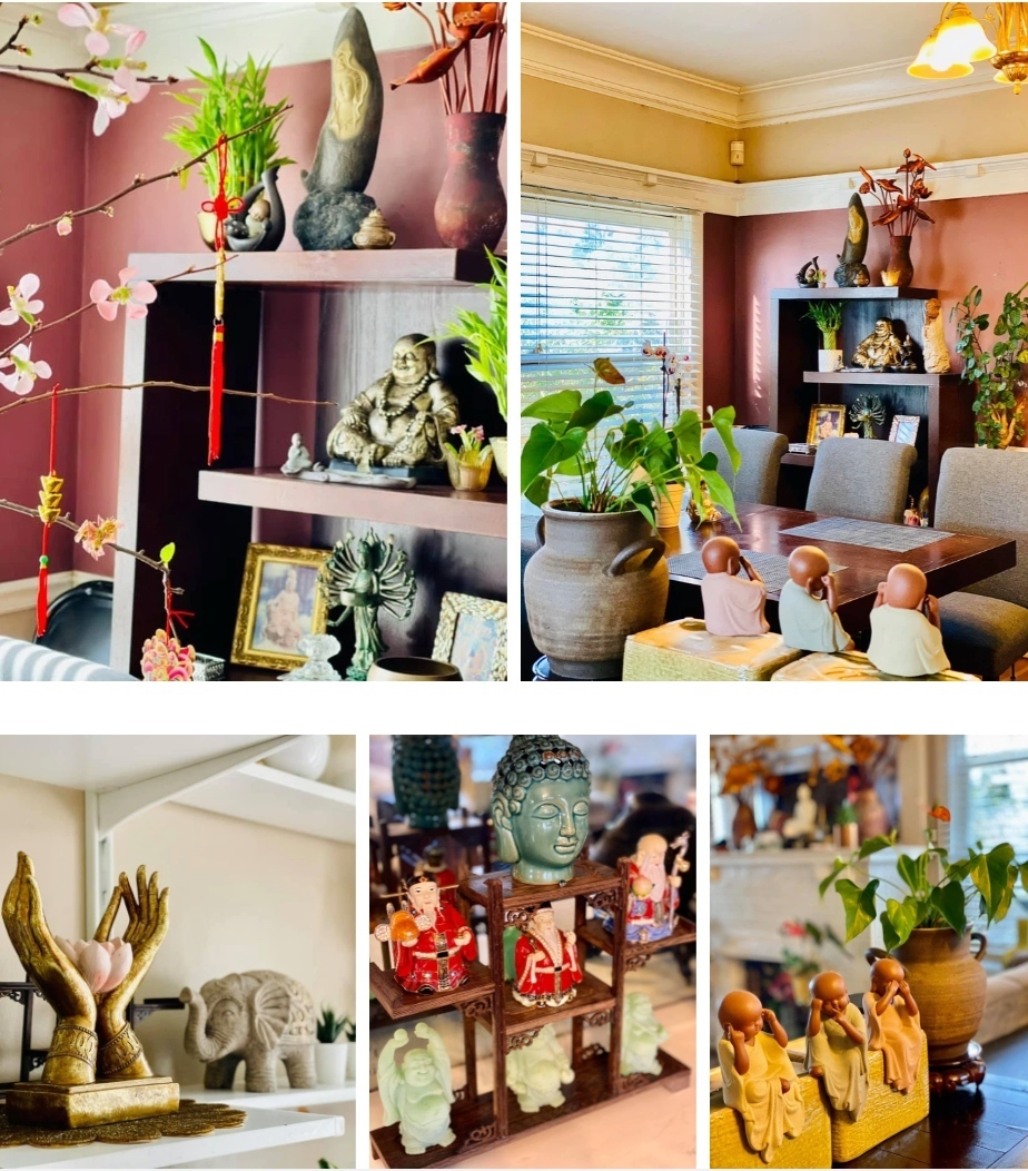 Thúy Nga rất thích sưu tầm các tượng Phật và đặt ở nhiều ngóc ngách trong căn hộ.