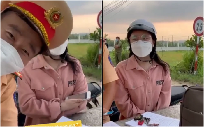 Cô gái được các chiến sĩ CSGT yêu cầu hát khi bị gọi vào kiểm tra. Ảnh cắt từ clip