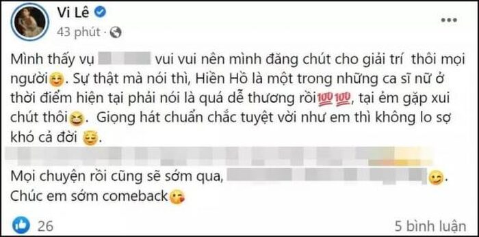 Dòng trạng thái của vợ cũ Hồ Quang Hiếu trên trang cá nhân
