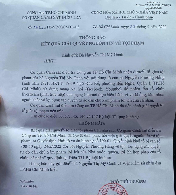 Vy Oanh đã nhận thông báo kết quả giải quyết đơn tố cáo bà Phương Hằng