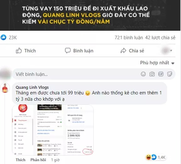 Quang Linh đáp trả trước thông tin kiếm tiền khủng từ kênh Youtube.