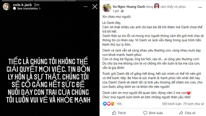 Bài đăng của Jack Cole và Hoàng Oanh trên trang cá nhân.