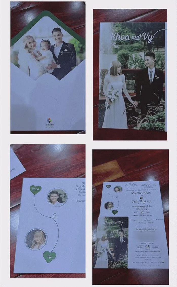 Bà xã Mạc Văn Khoa - Vy Pumpe đã hé lộ cận cảnh hình ảnh thiệp cưới sẽ gửi đến các khách mời. 