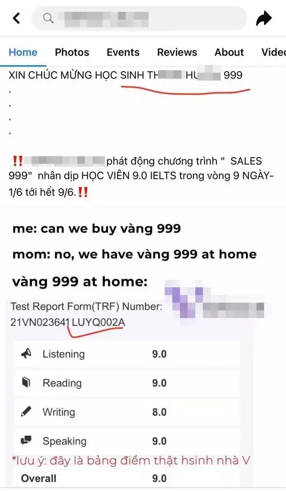 Trung tâm Anh ngữ V. cho biết đây là bảng điểm thật của học sinh H.