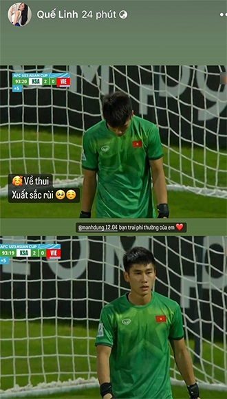 Sau trận đấu ở vòng tứ kết, mạng xã hội chia sẻ khoảnh khắc của các cầu thủ U23 Việt Nam, đặc biệt là Nhâm Mạnh Dũng. Trên Facebook cá nhân, Quế Linh, bạn gái chàng “thủ môn bất đắc dĩ”, dành lời yêu thương cho những nỗ lực của “nửa kia”.