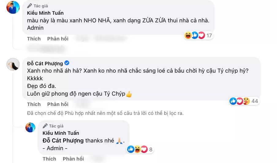 Màn tương tác của Cát Phượng trên Fanpage Kiều Minh Tuấn. Sau đó, admin Fanpage này cũng có lời phản hồi nữ diễn viên.