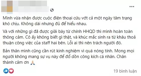 A cho biết đôi bên đã giải quyết ổn thỏa, chính hoa hậu là người chủ động liên lạc với mình.