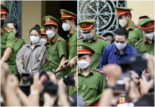 Nguyễn Võ Quỳnh Trang và Nguyễn Kim Trung Thái tại phiên tòa sáng 21/7.