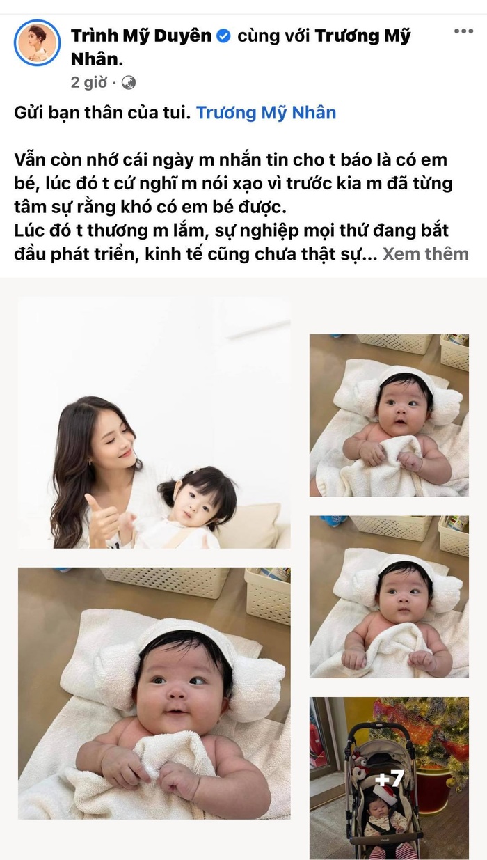 Trình Mỹ Duyên tiết lộ, Trương Mỹ Nhân từng rơi vào trầm cảm vì sợ khi Bona chào đời bạn sẽ không lo cho Bona một cuộc sống tốt được. 