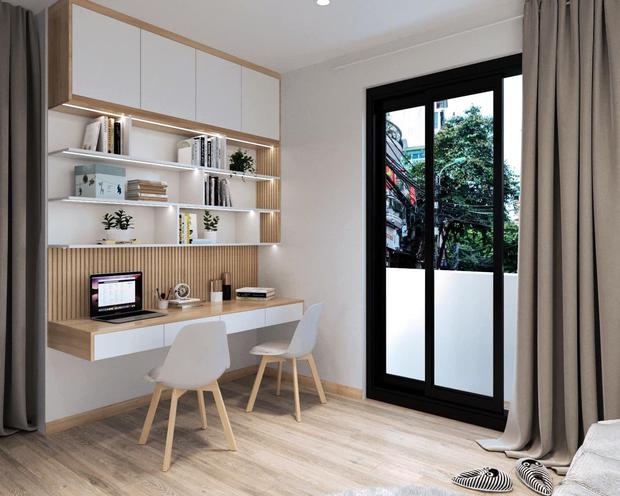 Bàn học đôi kết hợp kệ sách và tủ decor đẹp mắt