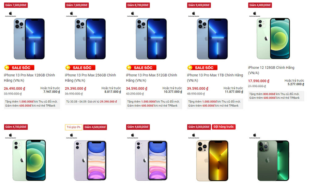 iPhone đồng loạt giảm giá sâu (Ảnh chụp màn hình)