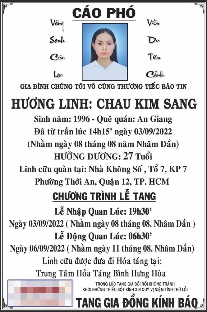 Cáo phó tang lễ cố người mẫu Châu Kim Sang.