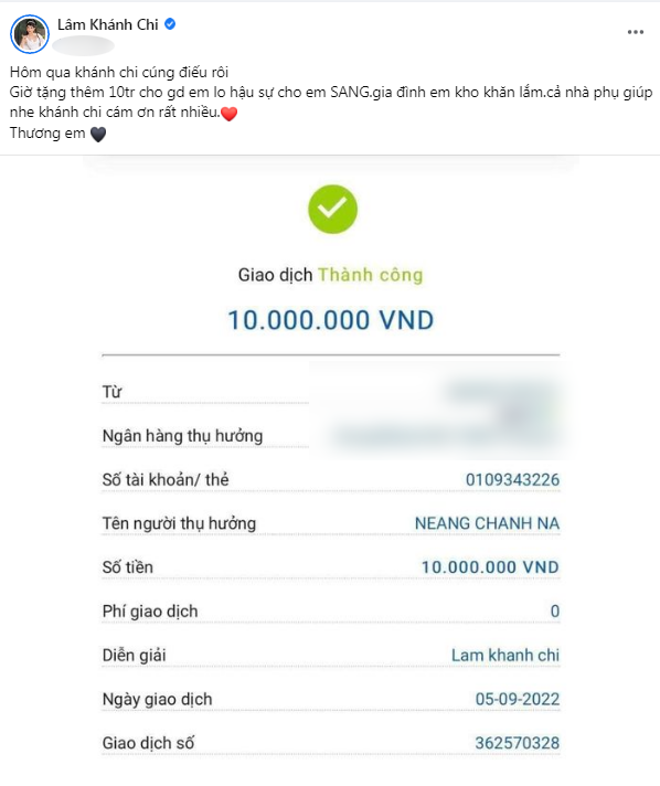 Hành động của Lâm Khánh Chi đã nhận được nhiều lời khen vì tấm lòng nhân ái. Cô cho biết cô đã gửi riêng tiền phúng điếu, còn khoản tiền này là để hỗ trợ cho gia đình của người mẫu 26 tuổi. 