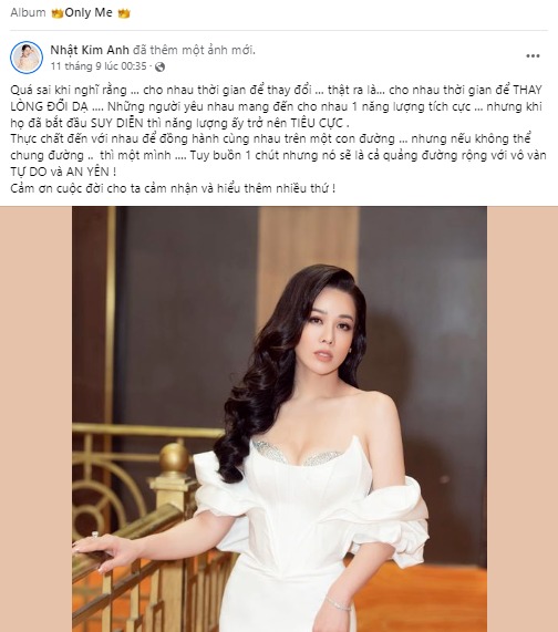 Những chia sẻ ẩn ý về chuyện tình cảm của Nhật Kim Anh trên trang cá nhân.