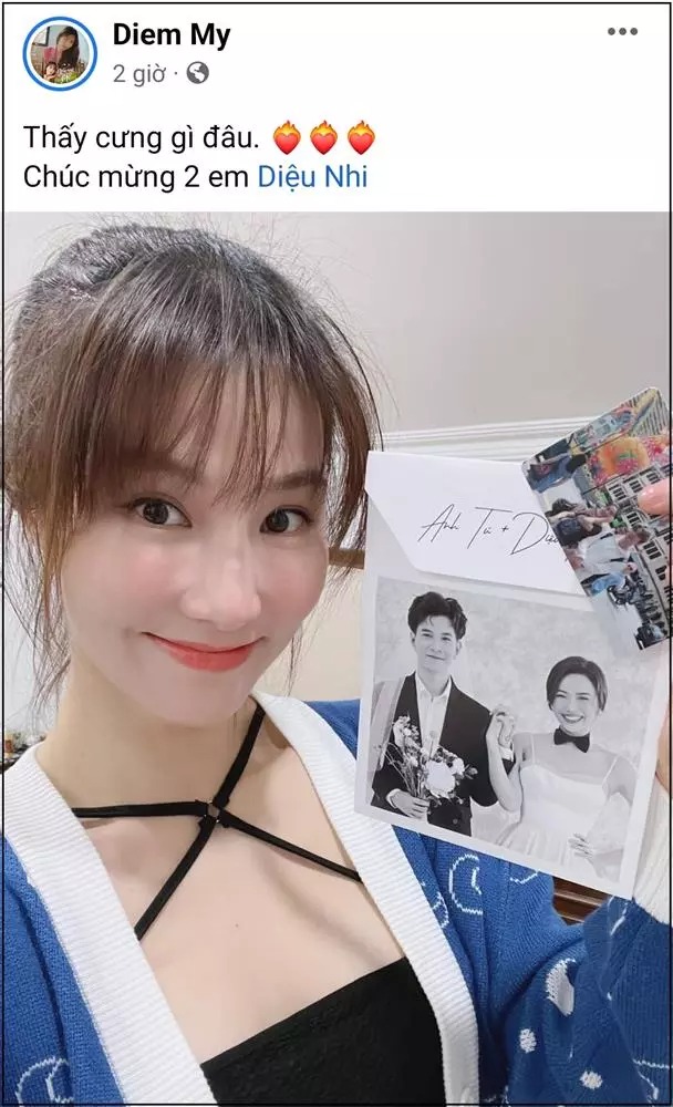 Diễm My 9X thích thú với thiệp cưới, hoan hỉ chúc mừng 2 đàn em.