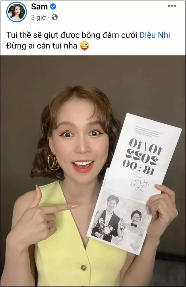 Sam hóm hỉnh tuyên bố phải giật cho bằng được hoa cưới của Diệu Nhi để 