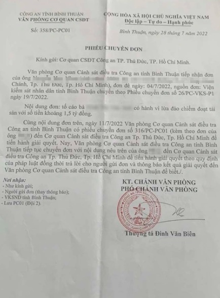 Phiếu chuyển đơn của Công an tỉnh Bình Thuận cho Công an TP Thủ Đức, TP.HCM. (Ảnh: Zing)