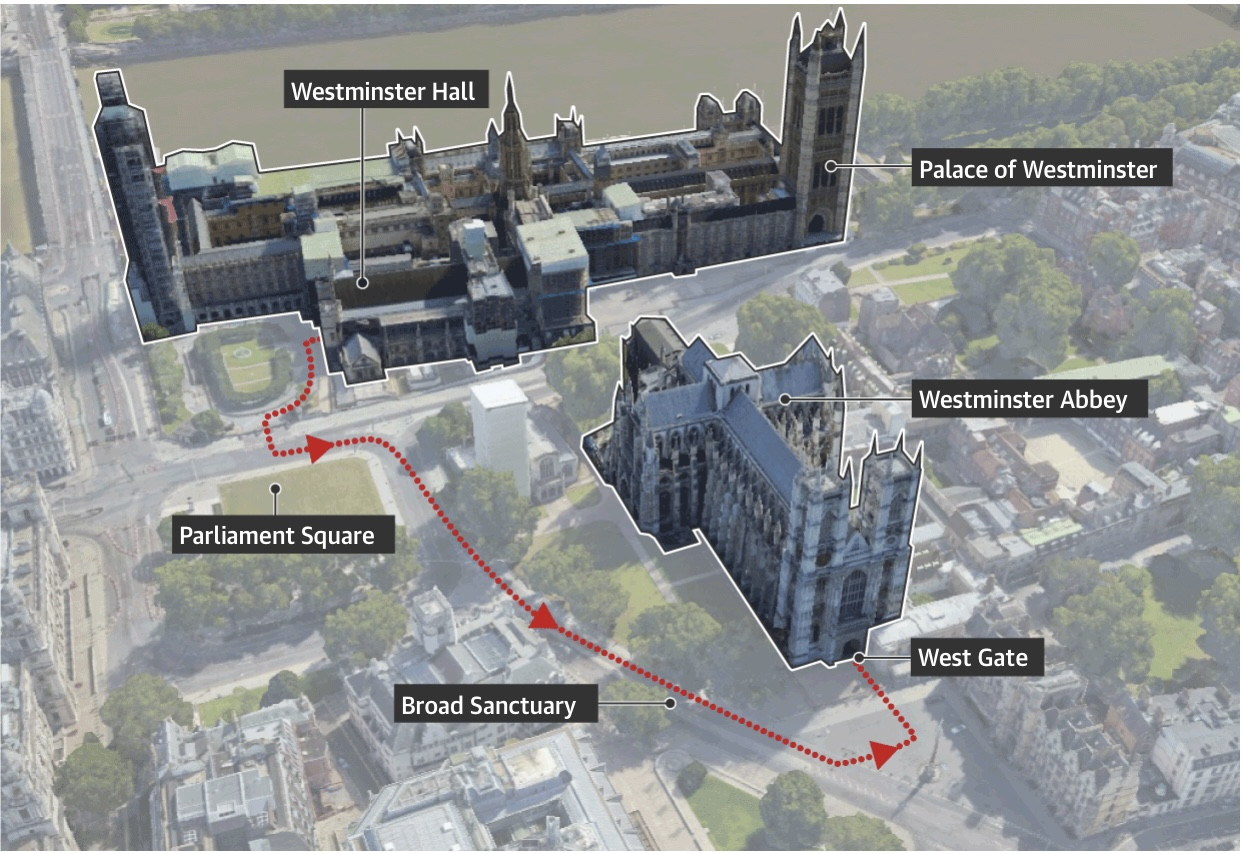 Tuyến đường di chuyển linh cữu. Ảnh: Daily Mail