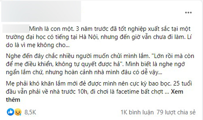 mẹ bao bọc, con một, mẹ cấm đi làm