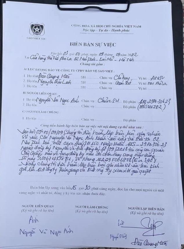 Biên bản làm việc giữa khách hàng bị mất xe và đại diện trà sữa Phê La. Ảnh: Facebook Phạm Đức Tâm