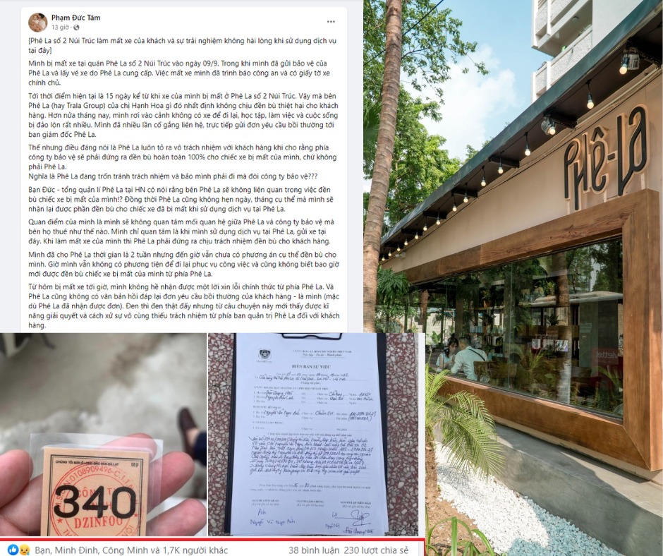 Trà sữa Phê La Núi Trúc bị tố thiếu trách nhiệm khi làm mất xe máy của khách hàng