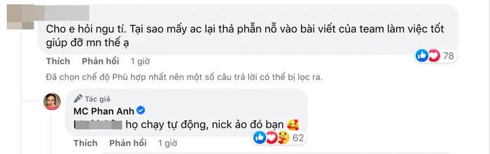 Động thái đáp trả của MC Phan Anh trước thắc mắc của một netizen.