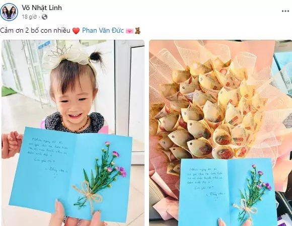 Võ Nhật Linh nhận thiệp kèm bó hoa đồng tiền từ Phan Văn Đức và con.