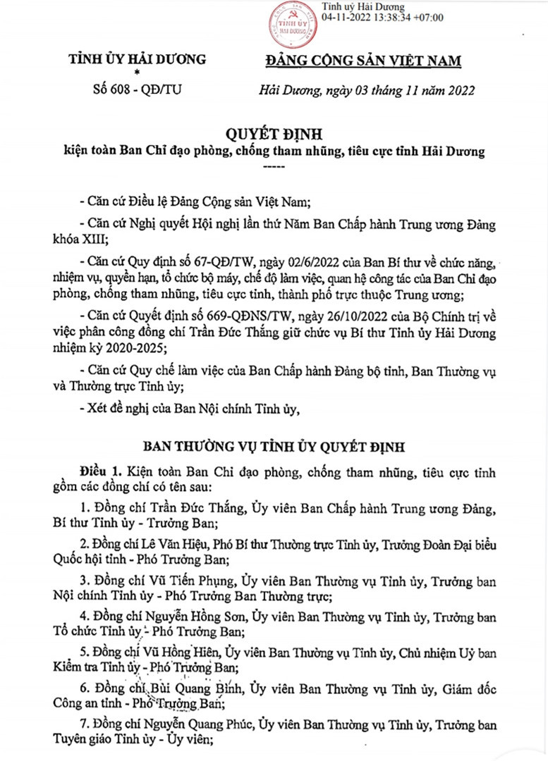 Quyết định kiện toàn BCĐ Phòng chống tham nhũng, tiêu cực tỉnh Hải Dương. Ảnh: Cơ quan chức năng cung cấp