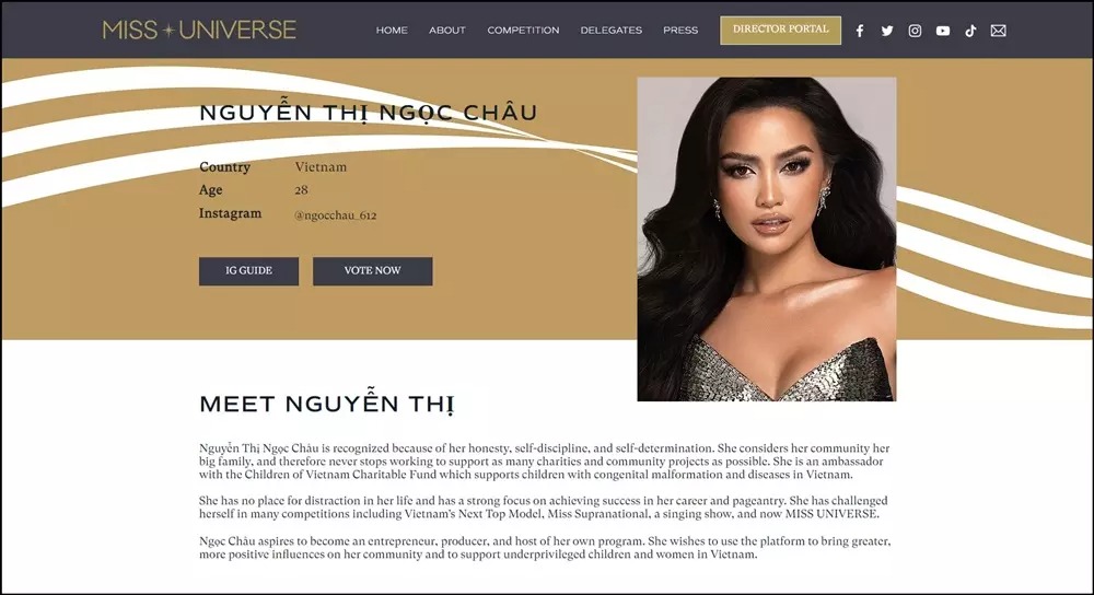 Mới đây, Tổ chức Miss Universe chính thức công bố ảnh profile của dàn thí sinh mùa giải 2022. Đại diện Việt Nam - Ngọc Châu - xuất hiện ấn tượng trên trang chủ Miss Universe với hình ảnh chỉn chu.