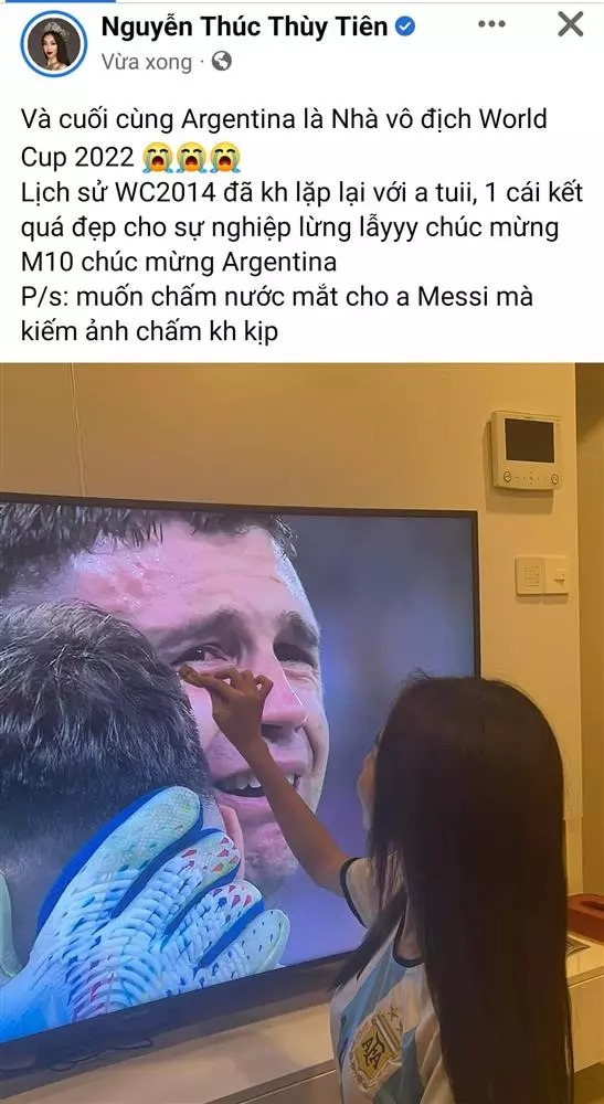 Thùy Tiên vỡ òa sau chiến thắng lịch sử của Messi và đội tuyển Argentina.