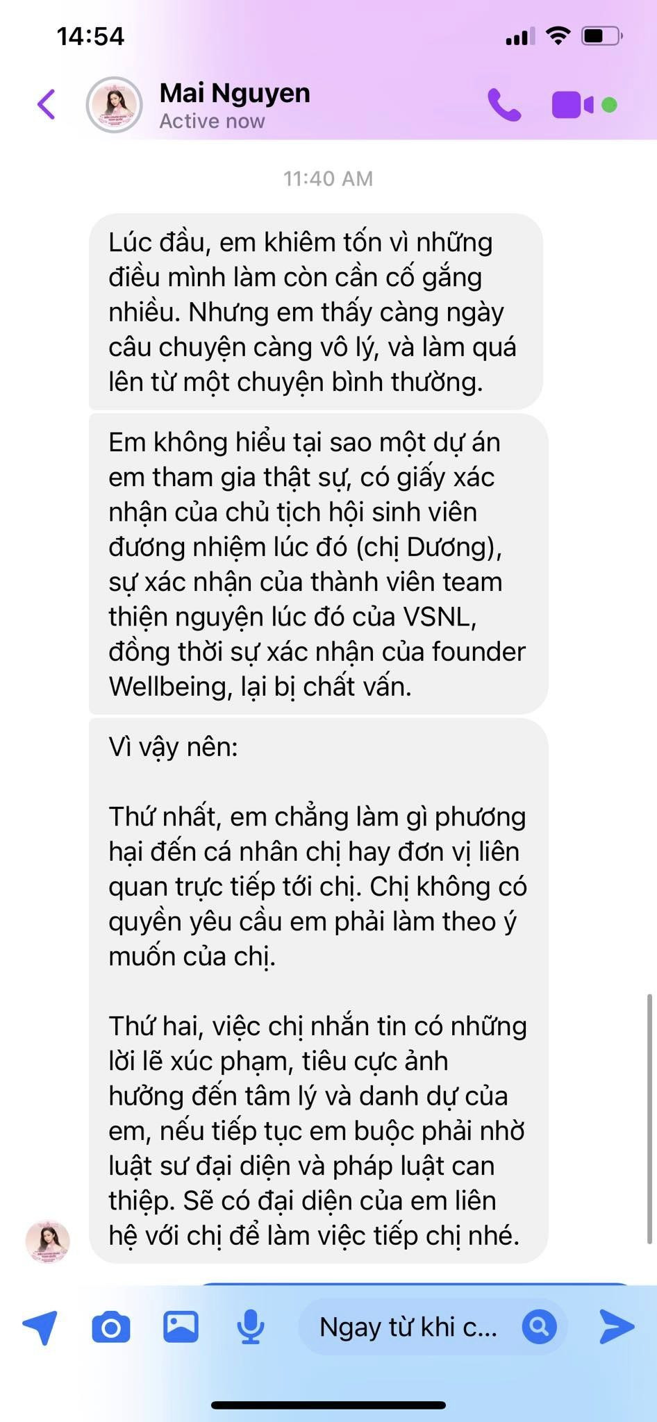 Tin nhắn Ngọc Mai cho rằng sẽ nhờ pháp luật vào cuộc nếu Khánh Ly vẫn tiếp tục làm quá sự việc và ảnh hưởng đến cô.