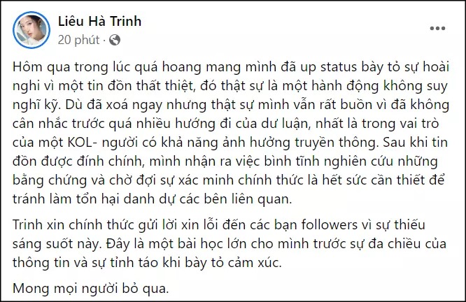 Nguyên văn bài đăng của Liêu Hà Trinh.