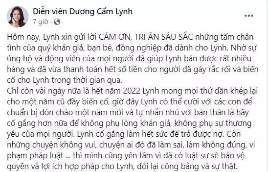 Dương Cẩm Lynh thông báo đã trả hết nợ cho