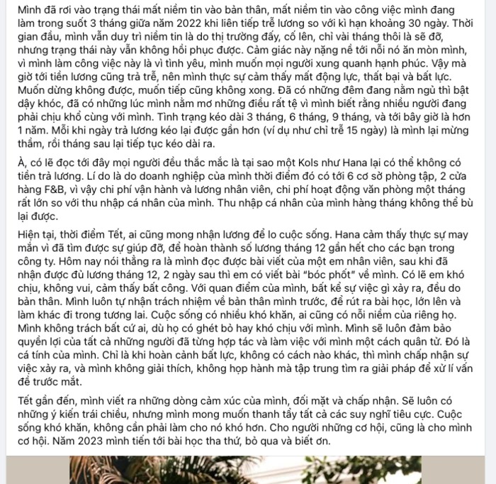 Hana Giang Anh lên tiếng trên trang cá nhân.