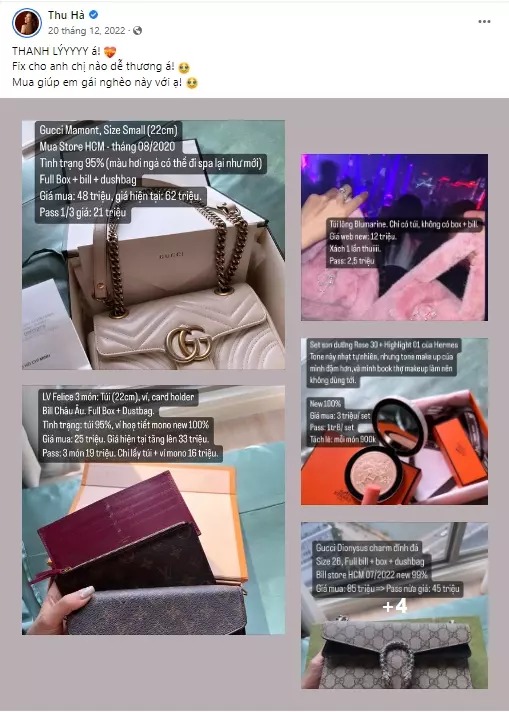 Ngoài ăn uống, nghỉ dưỡng, MC Thu Hà cũng là tín đồ hàng hiệu đích thực khi liên tục sắm sửa hàng hiệu rồi sau một thời gian ngắn đã thanh lý chỉ còn nửa giá.