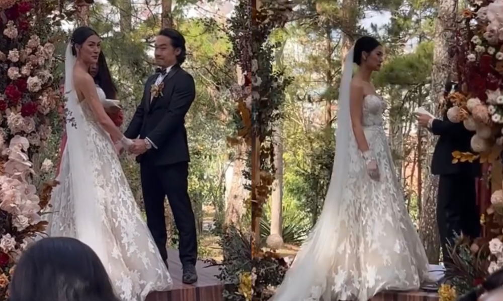 Cô dâu chú rể luôn nắm tay nhau, Kathy Uyên xúc động khi nghe những lời nguyện thề của ông xã trước tất cả người thân và quan khách