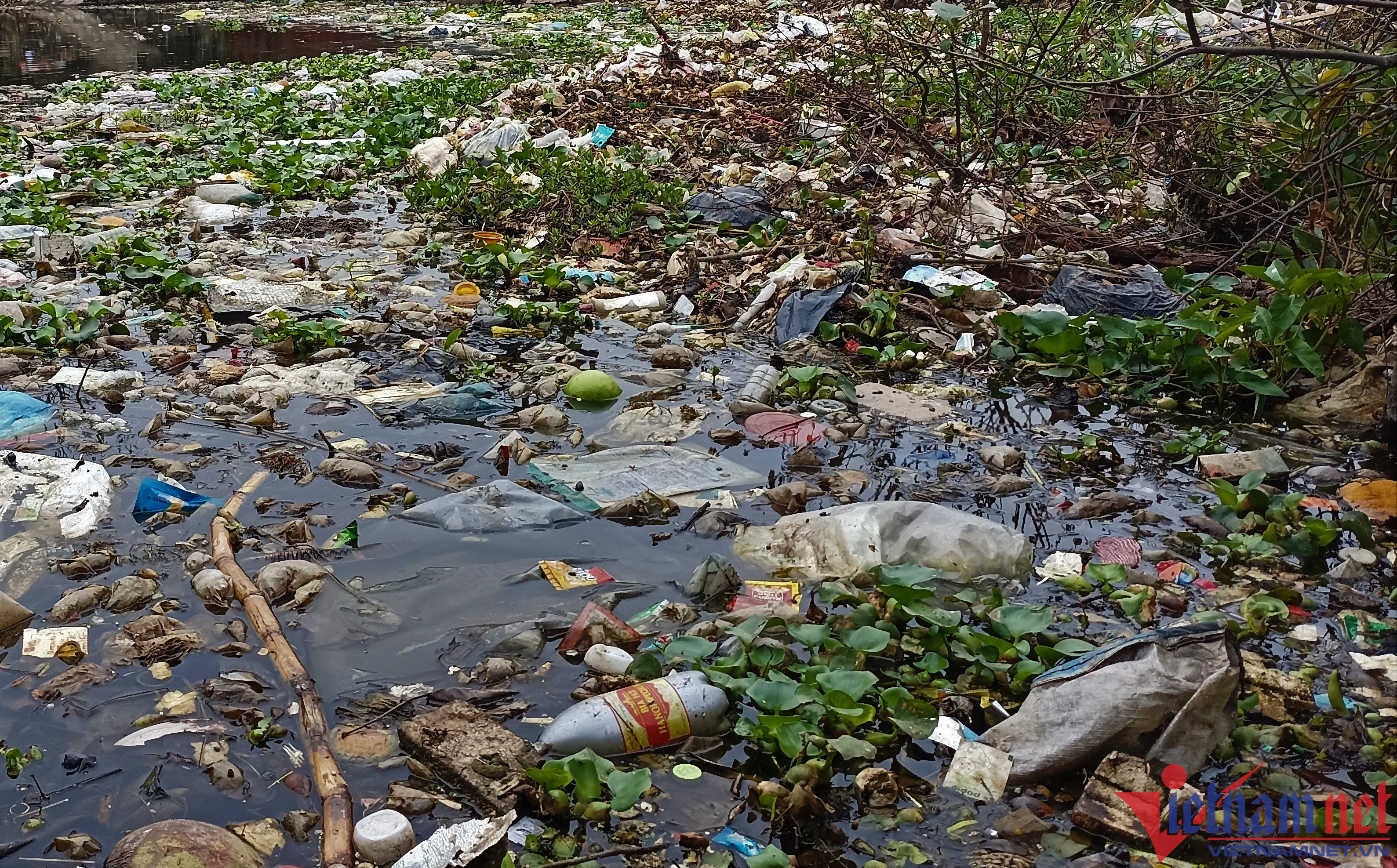 Rác thải ô nhiễm khiến nước sông cũng biến màu.